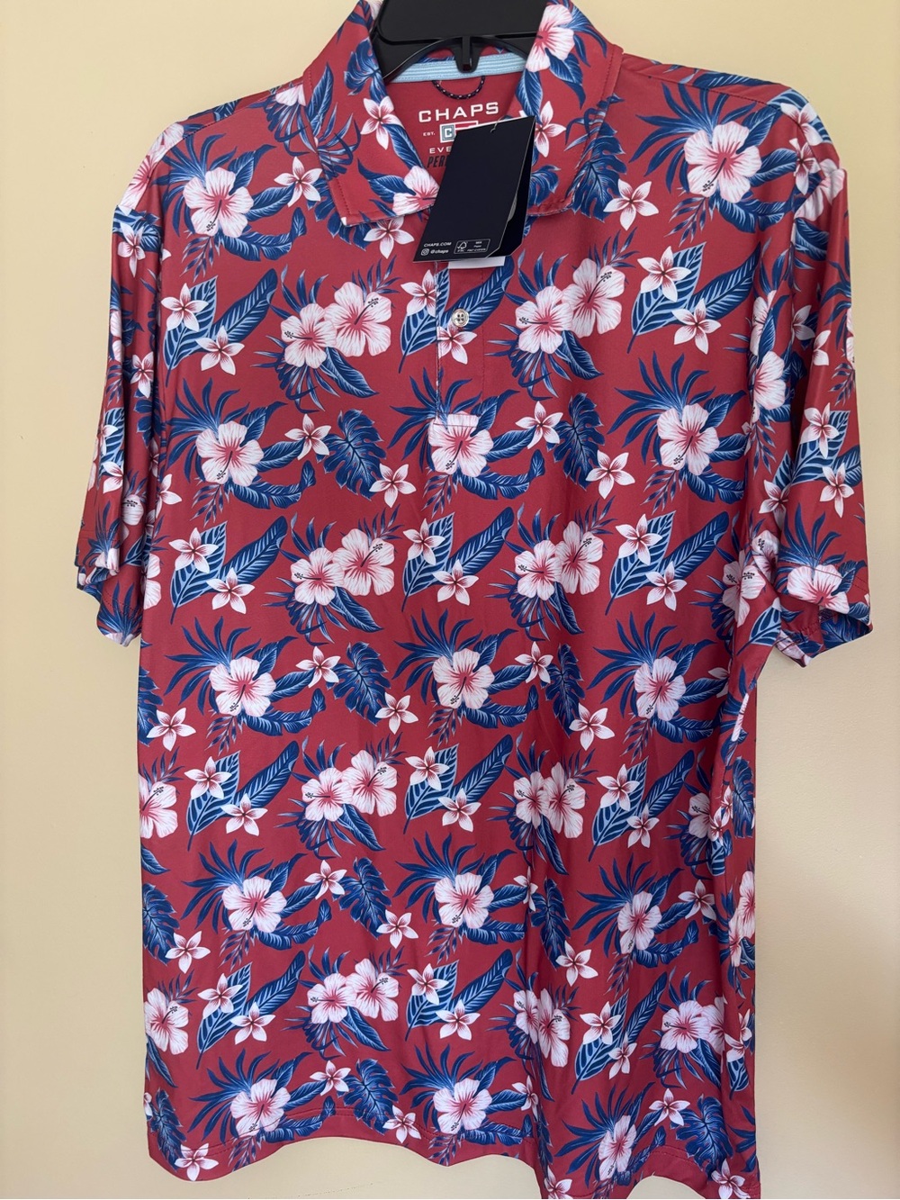 Chaps Men's Red Floral Polo with Blue Leaf Print